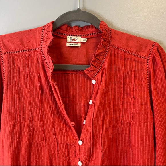 Faherty Blouse Willa Top - Carmine Warm Orange Pleated Peasant Sz S EUC - Picture 6 of 10